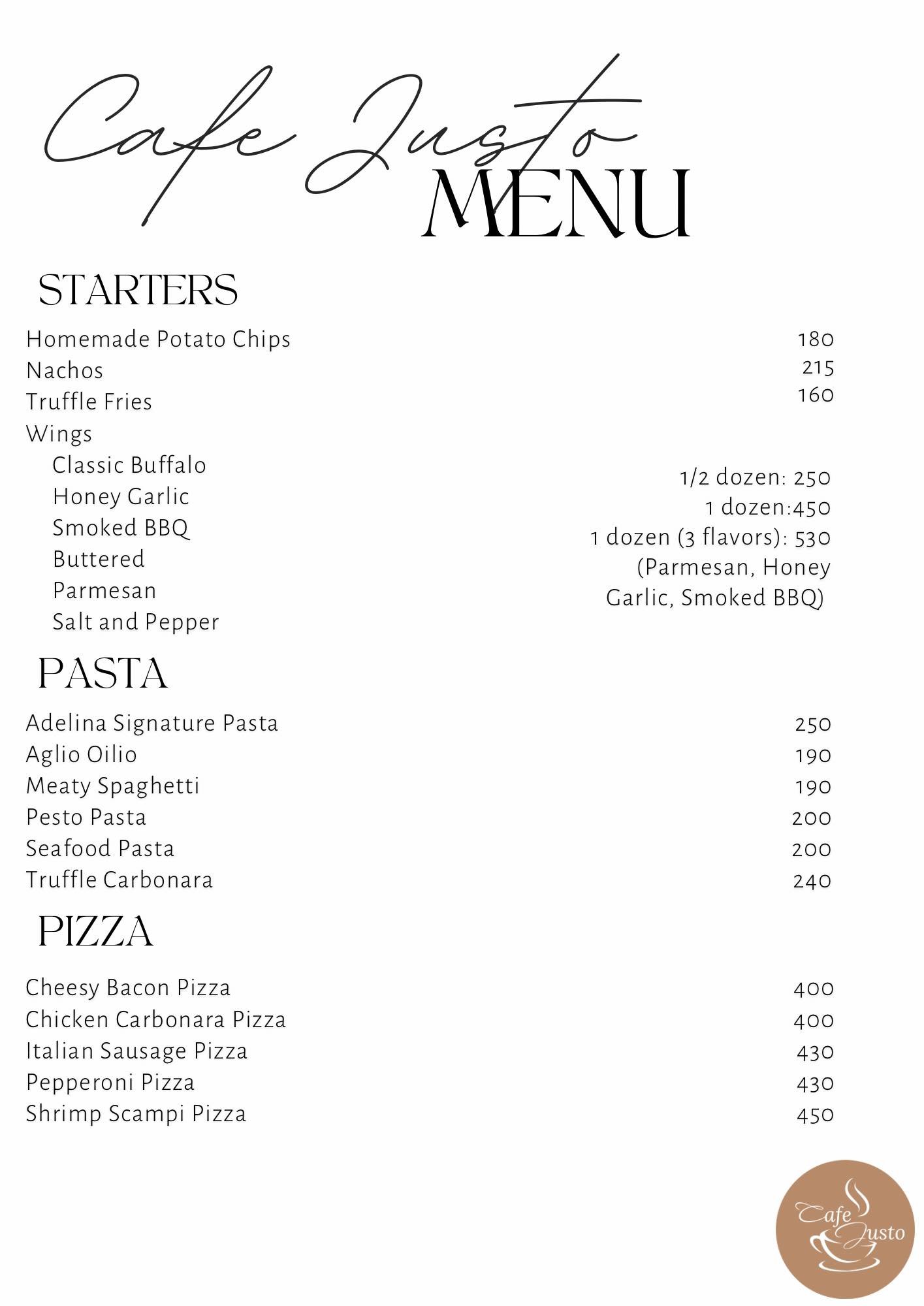 Starters, Pastas and Pizzas